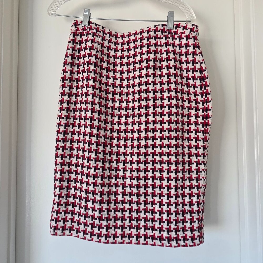 Boden Pencil Skirt Red Whte Navy Houndstooth Lined Back Zip Knee Length Size 6 R
